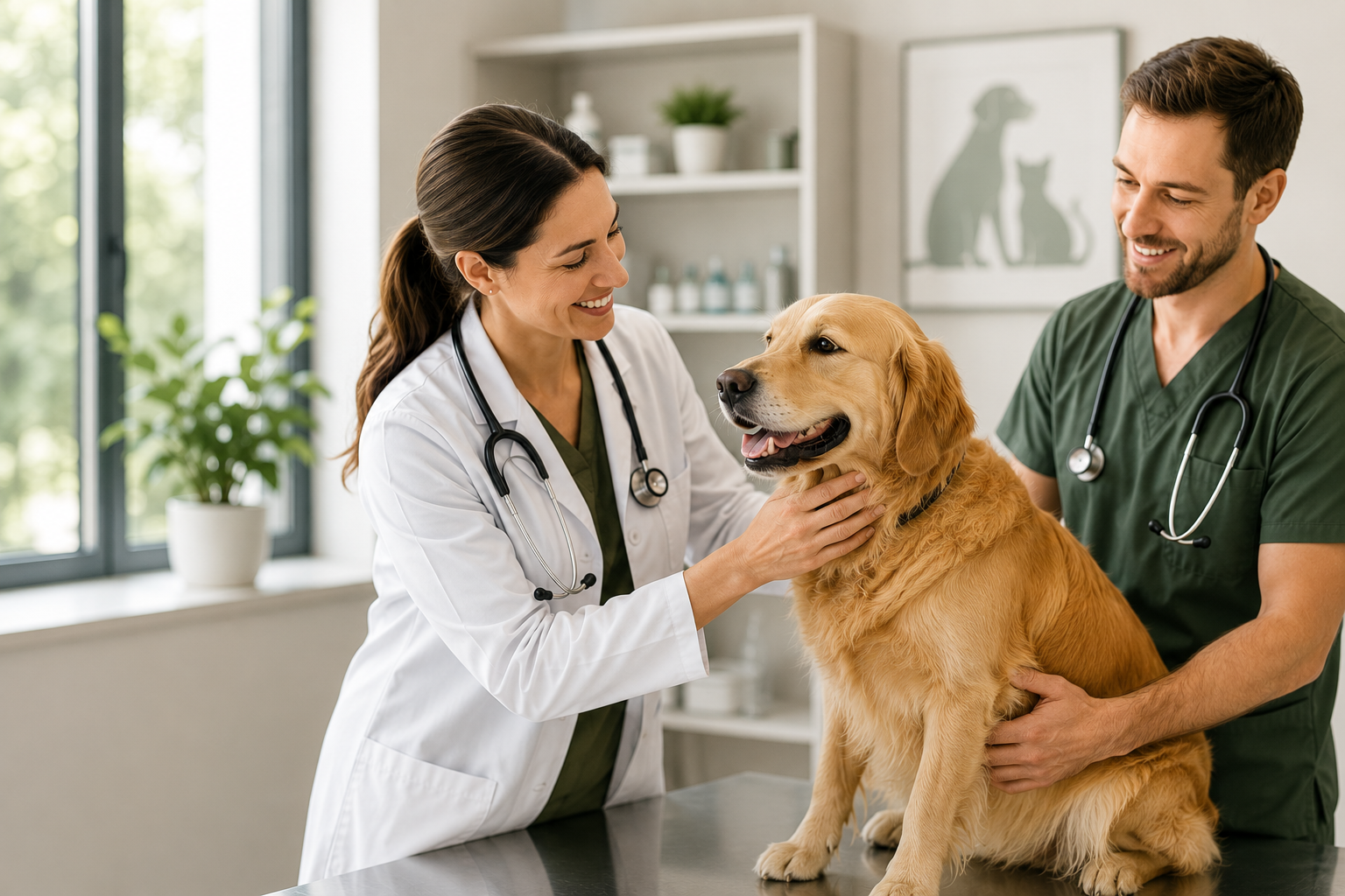 Two veterinarians in a bright clinic examining a golden retriever together